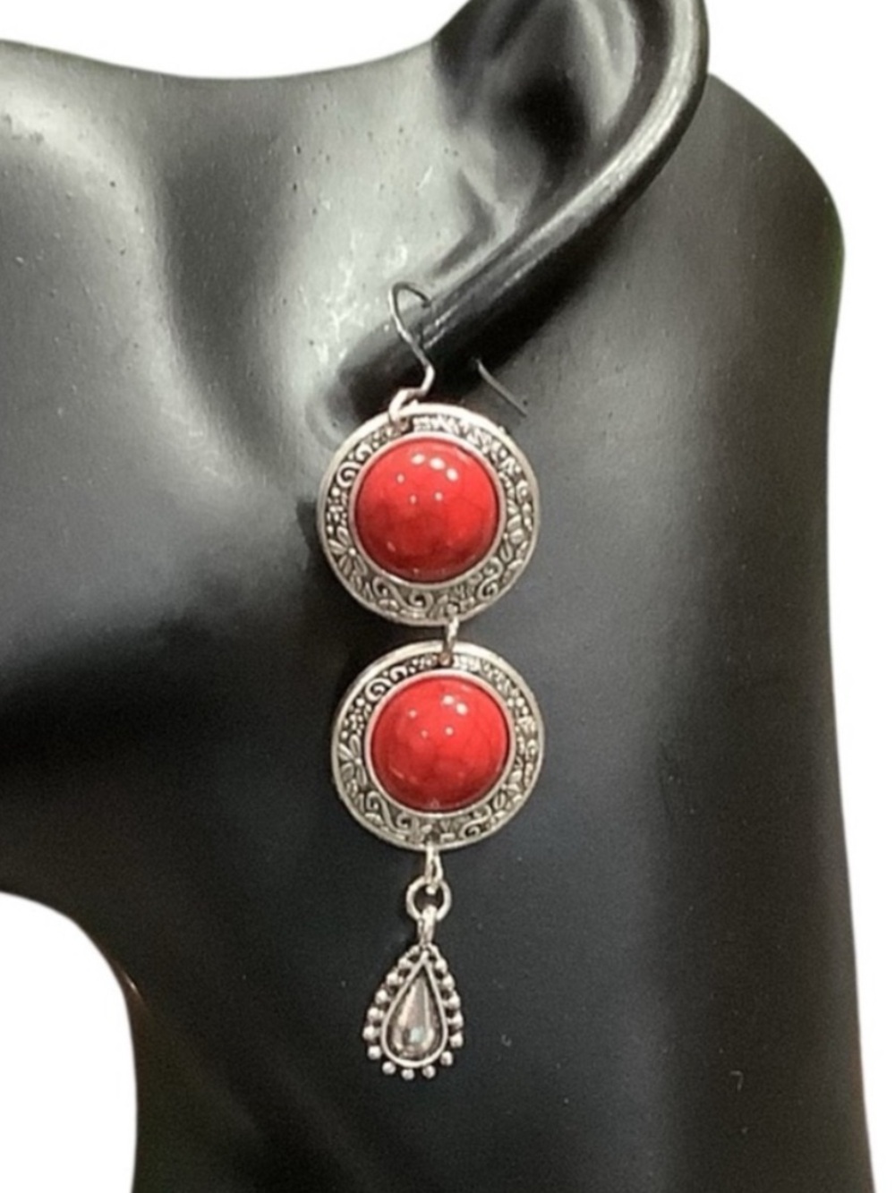 Boho Western Chic Silver-Tone Red Double-Drop Dangle Earrings. NWT